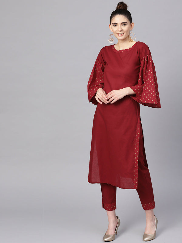 Women's S Maroon Straight Kurta Sets - Ahalyaa