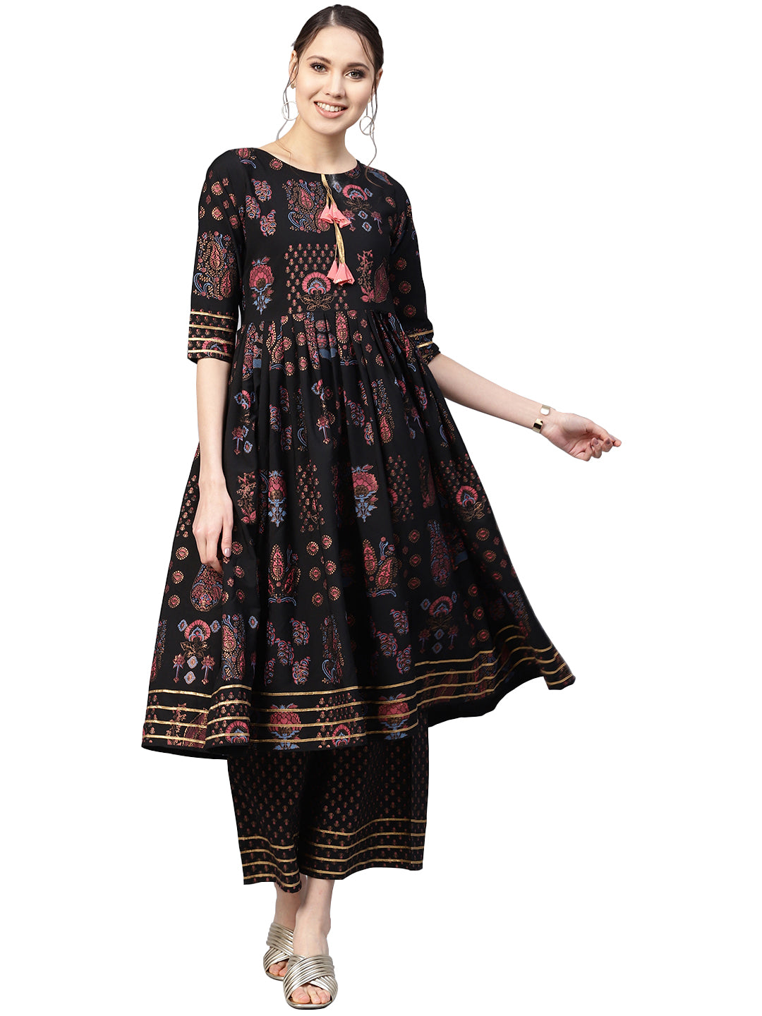 Women's Black Poly Crepe Printed Kurta Pant Set - Ahalyaa