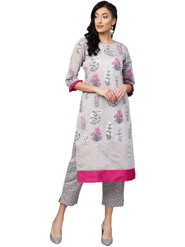 Women's Grey & Pink Printed Straight Kurta With Pant - Ahalyaa