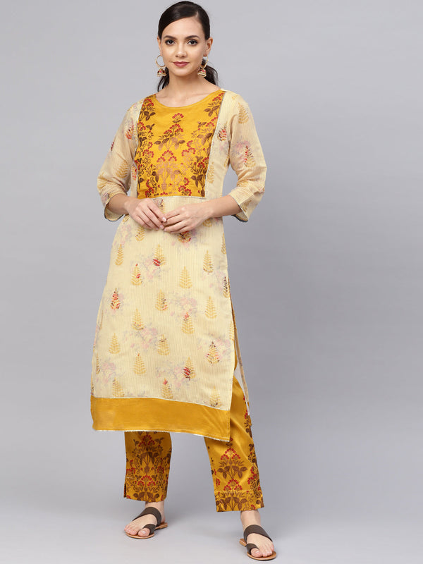 Women's Mustard Printed Kurta Set  - Ahalyaa