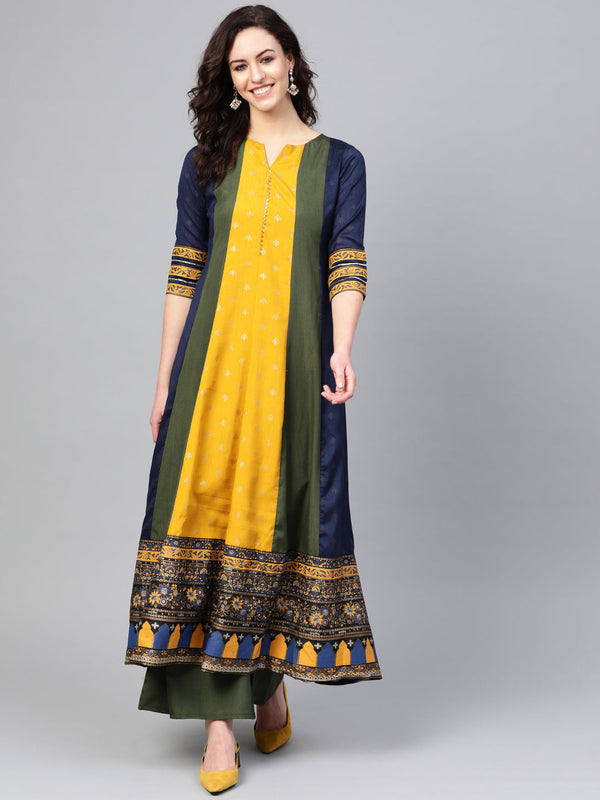 Green & Yellow Pleated Kurta with Palazzo Set