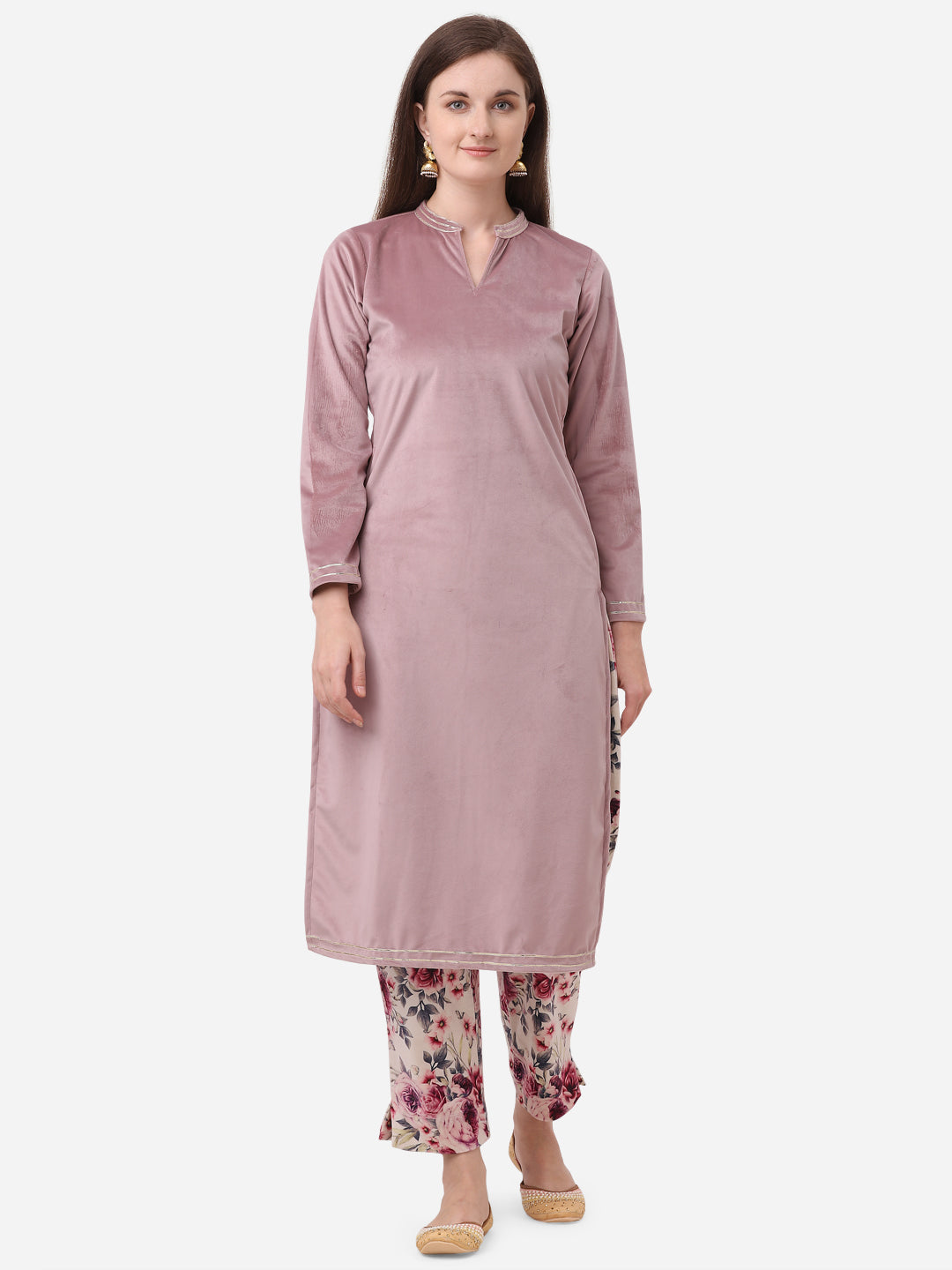 Women's Lilac Solid Kurta & Floral Pant Set - Ahalyaa