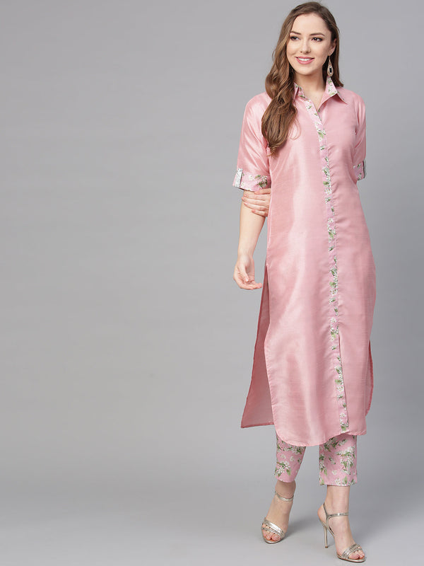 Women's Pink Poly Crepe Kurta Pant Set- Ahalyaa