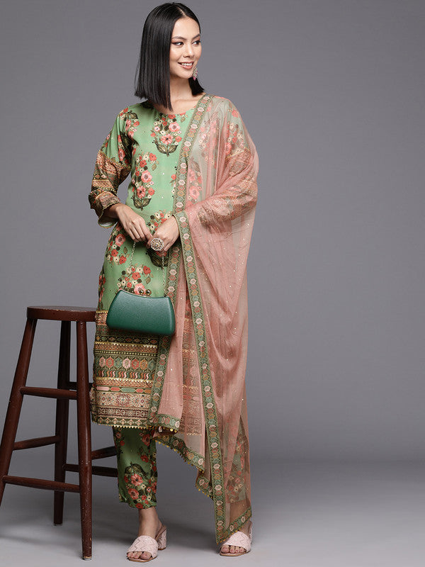 Women's Floral Printed Regular Kurta With Trousers & With Dupatta - Ahalyaa