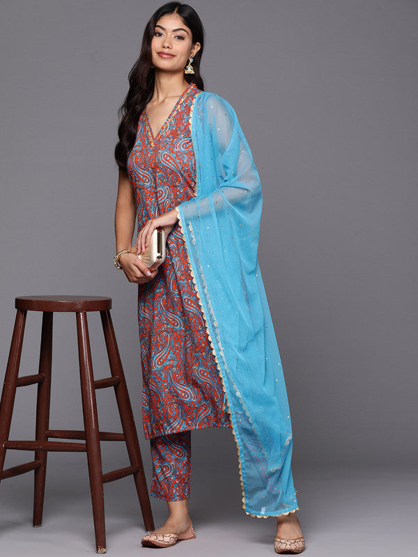 Women's Ethnic Motifs Printed Regular Gotta Patti Kurta With Trousers & Dupatta - Ahalyaa