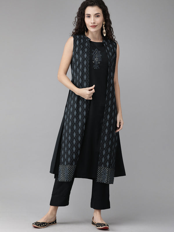 Black Printed Indo Western Set