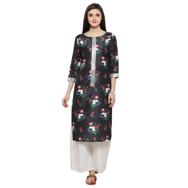 Women's Floral Black & Silver Only Kurta - Ahalyaa