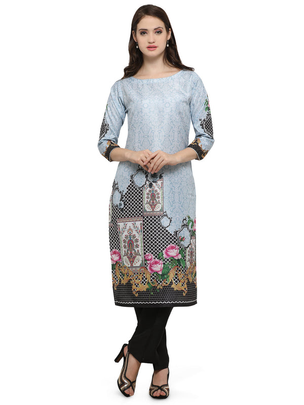 Women's Light Blue Digital Printed Faux Silk Only Kurta - Ahalyaa