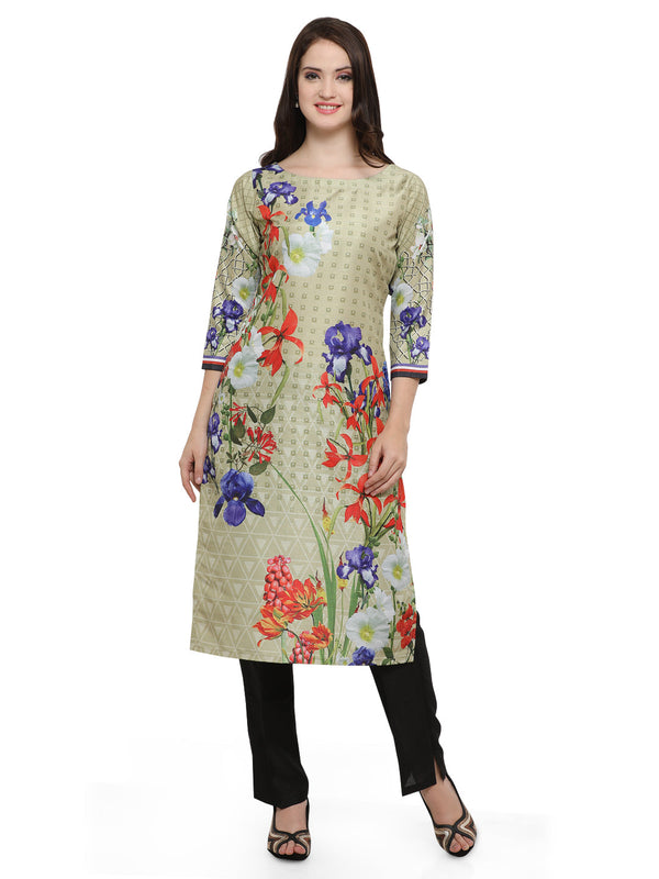 Women's Green Floral Straight Faux Silk Only Kurta - Ahalyaa