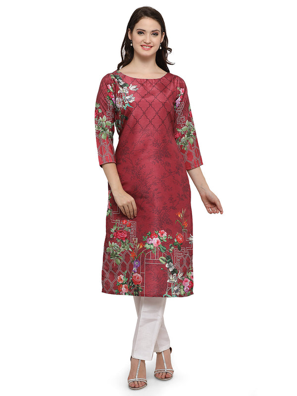 Women's Straight Faux Silk Maroon Floral Only Kurta - Ahalyaa