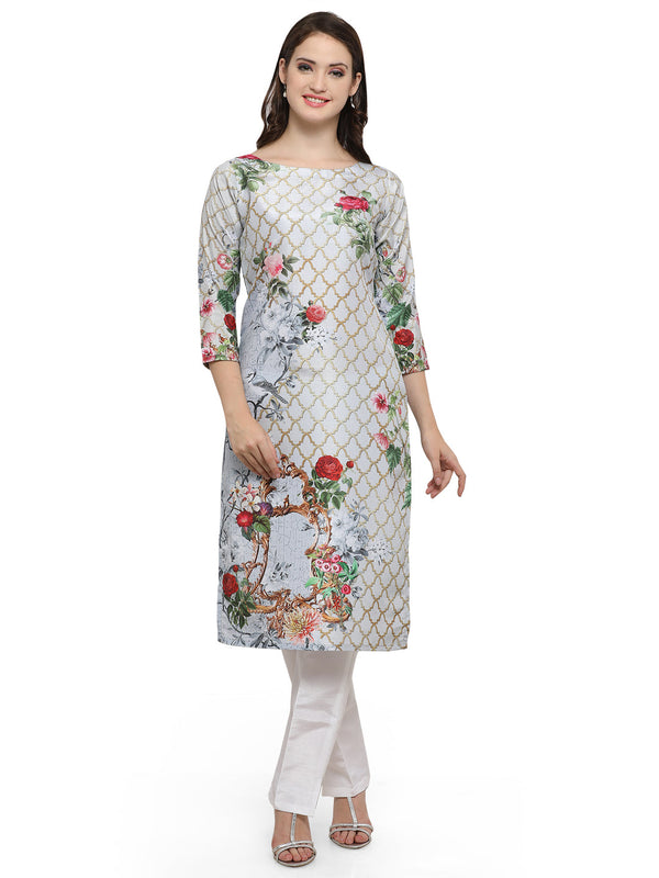 Women's Floral English Polysilk Printed Only Kurta - Ahalyaa