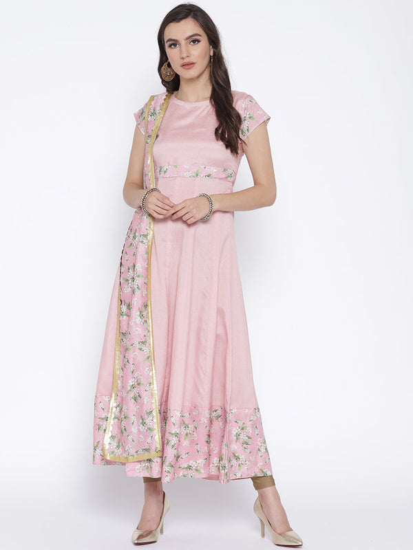 Pink Anarkali Kurta with Attached Printed Dupatta