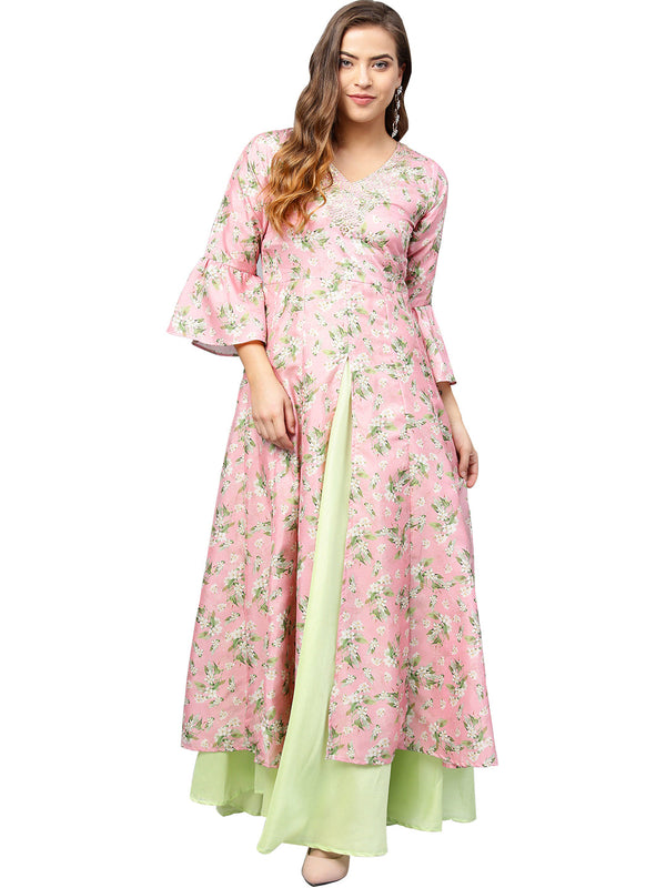 Women's Pink Printed Anarkali Kurta Only - Ahalyaa