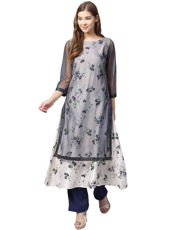 Women's Blue A-Line Double Layer Only Kurta - Ahalyaa