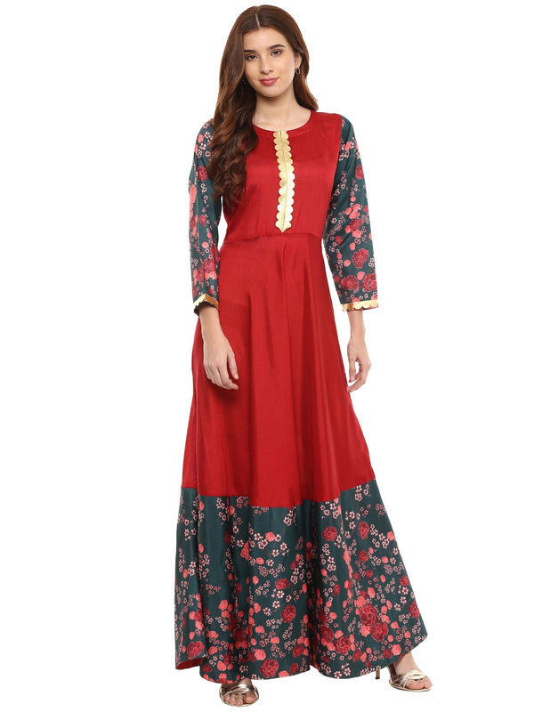 Women's Poly Silk Printed Flared Only Dress In Red - Ahalyaa