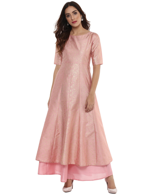 Women's Pink Poly Silk Gold Foil Print Kurta - Ahalyaa