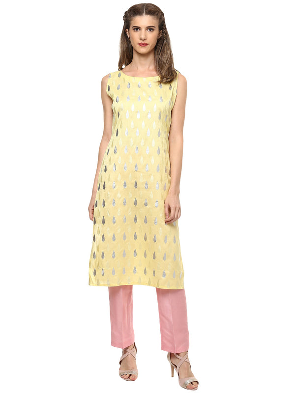 Women's Light Yellow Faux Silk Silver Print Straight Only Kurta - Ahalyaa