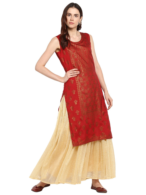 Women's Double Layered Red & Gold Floor Length Only Kurta Dress - Ahalyaa