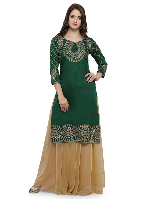 Women's Green Poly Silk Gold Foil Print Kurta - Ahalyaa