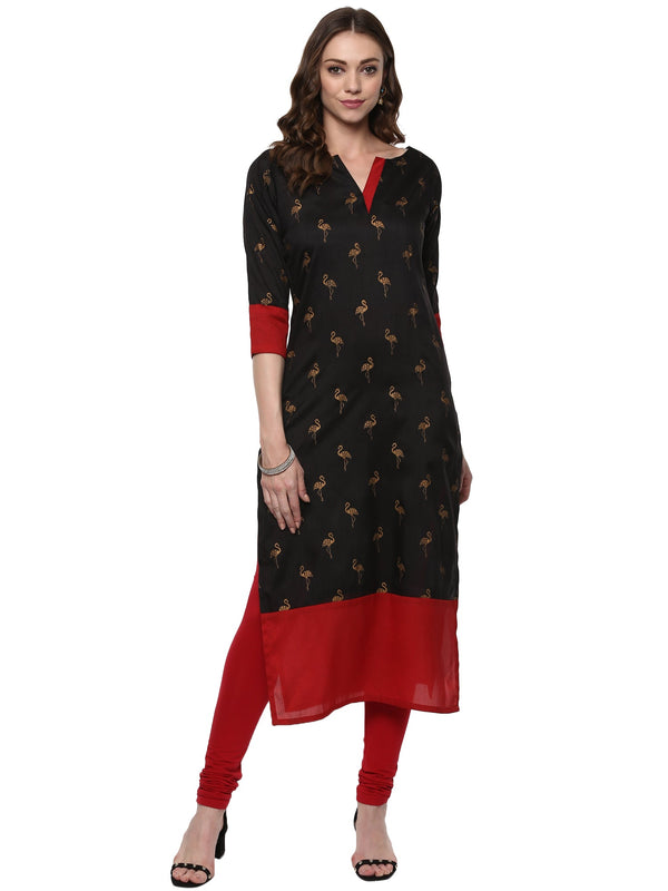 Women's Classic Black & Red Only Kurta With Metallic Flamingo Print In Gold - Ahalyaa