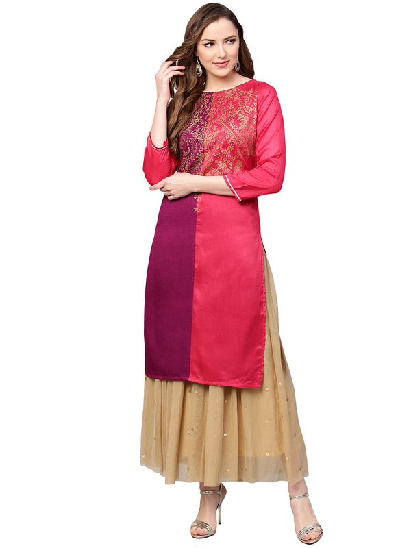 Women's Purple & Pink Printed Straight Only Kurta - Ahalyaa