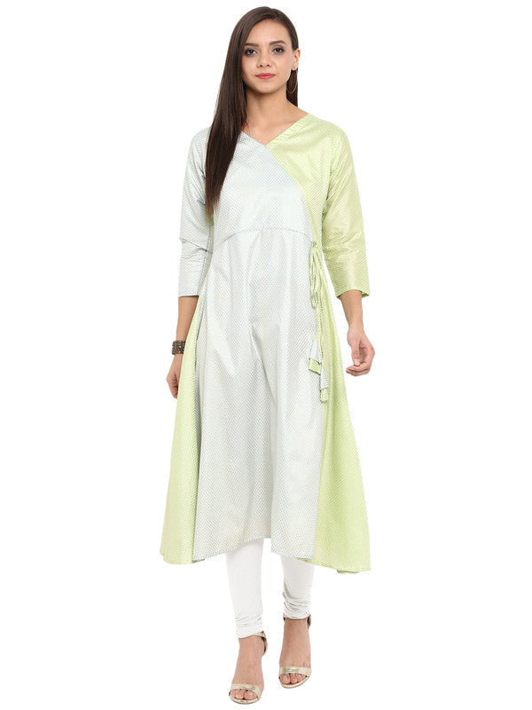 Women's Lime Green & Off-White Printed A-Line Kurta - Ahalyaa