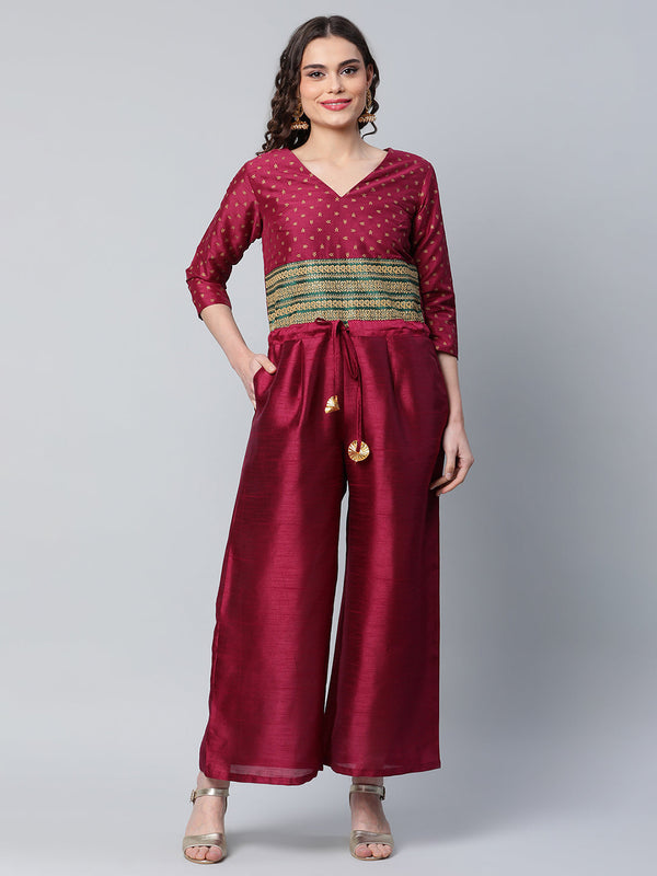 Women's Burgundy Crepe Printed Jumpsuit - Ahalyaa