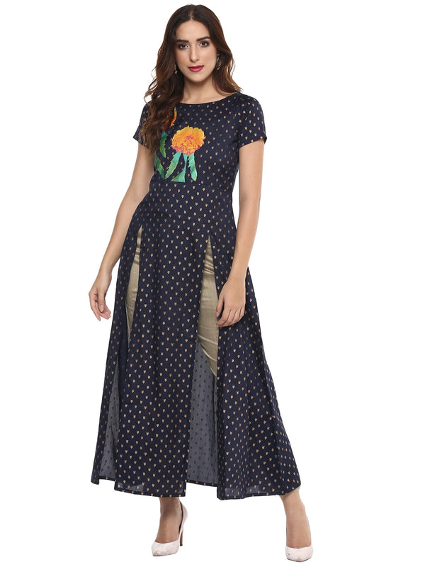 Women's Flared Navy Blue Faux Silk Marigold Print Festive Only Kurta - Ahalyaa