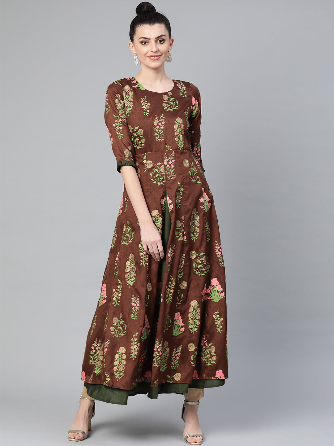 Women's Brown Poly Silk Gold Print Anarkali Kurta - Ahalyaa