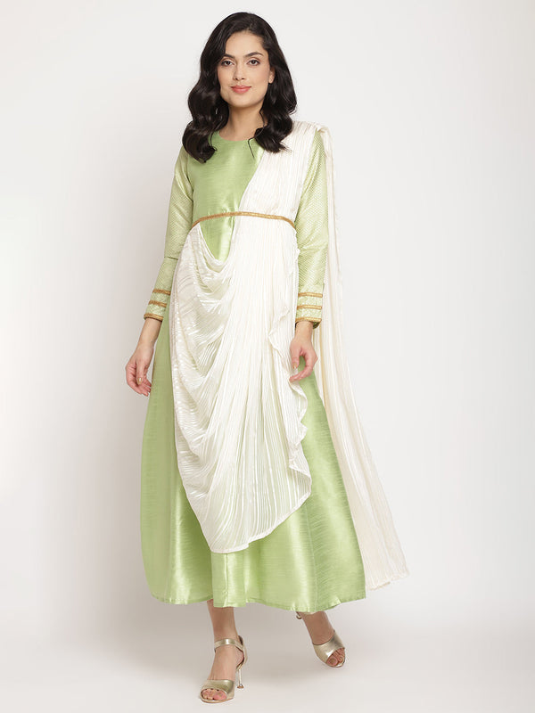 Green Poly Silk Kurta With Attached Dupatta