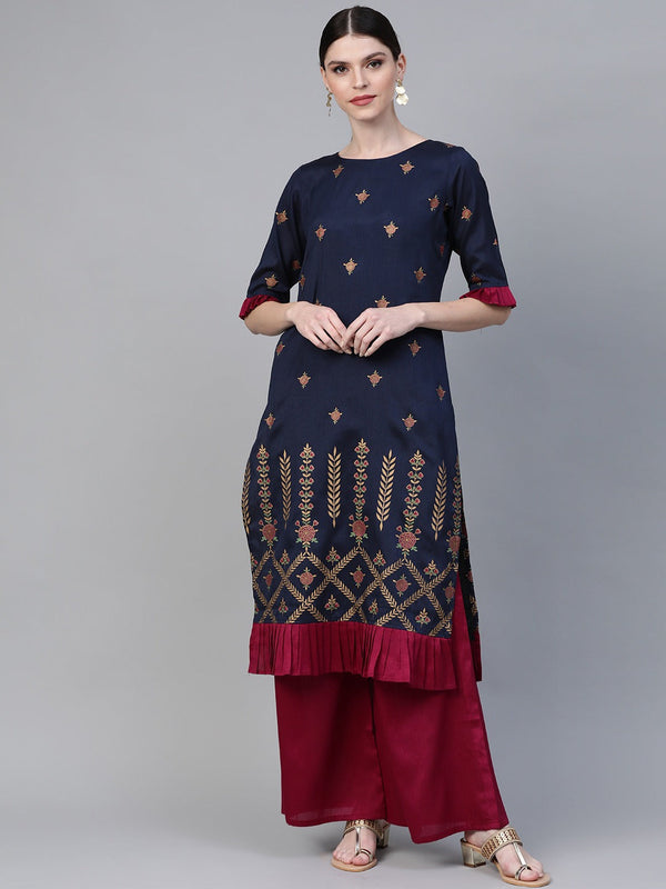 Women's Blue Poly Silk Printed Kurta Palazzo Set- Ahalyaa