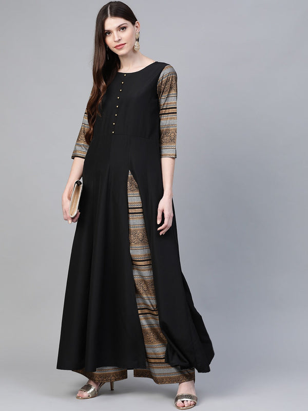 Women's Black Solid Front Slit Kurta With Palazzo - Ahalyaa