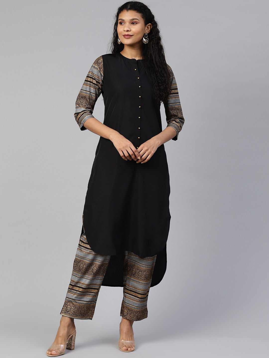 Women's Black Poly Crepe Printed Kurta Palazzo Set - Ahalyaa