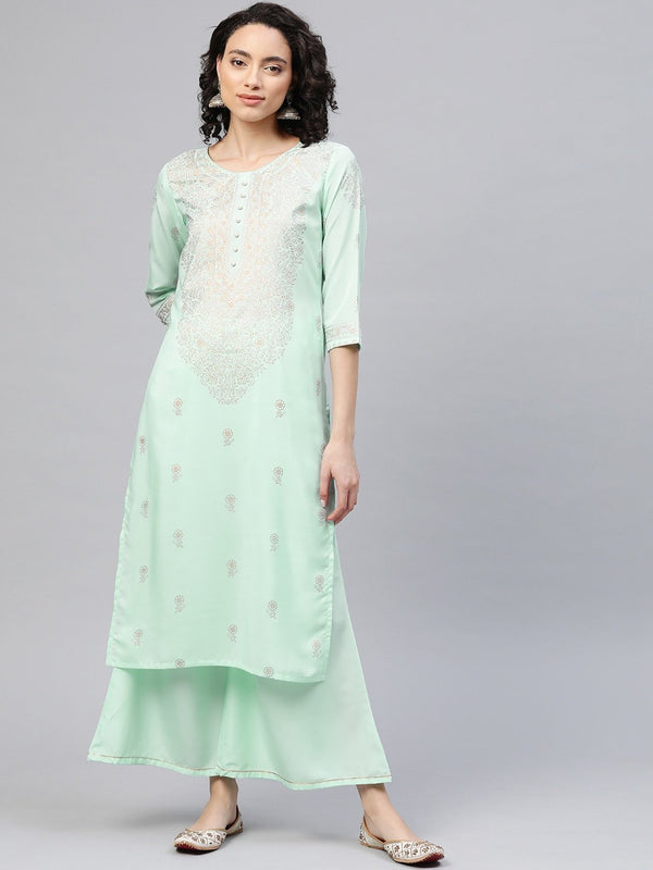 Women's Sea Green Crepe Printed Kurta Palazzo Set - Ahalyaa