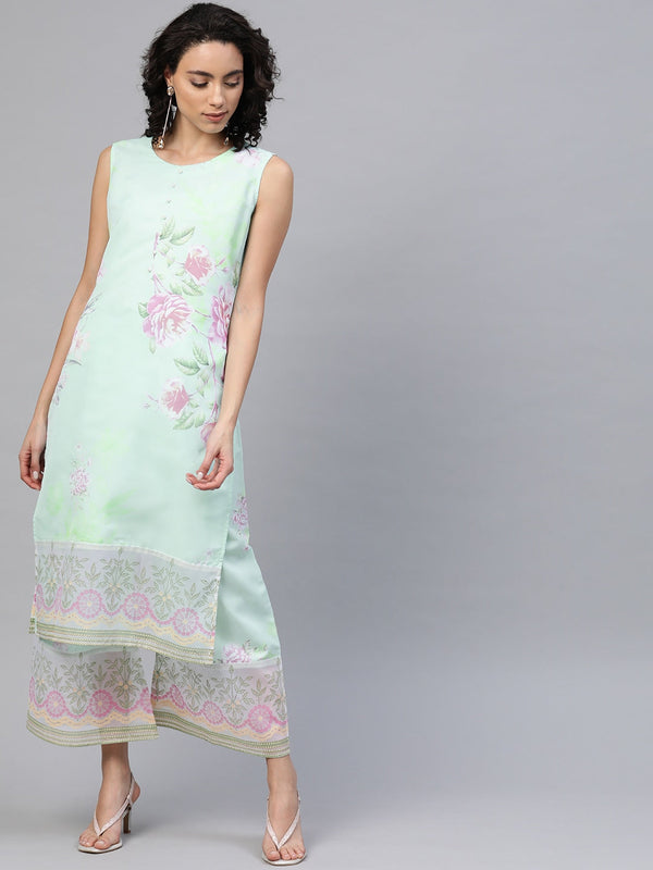 Women's Sea Green Organza Printed Kurta Palazzo Set- Ahalyaa