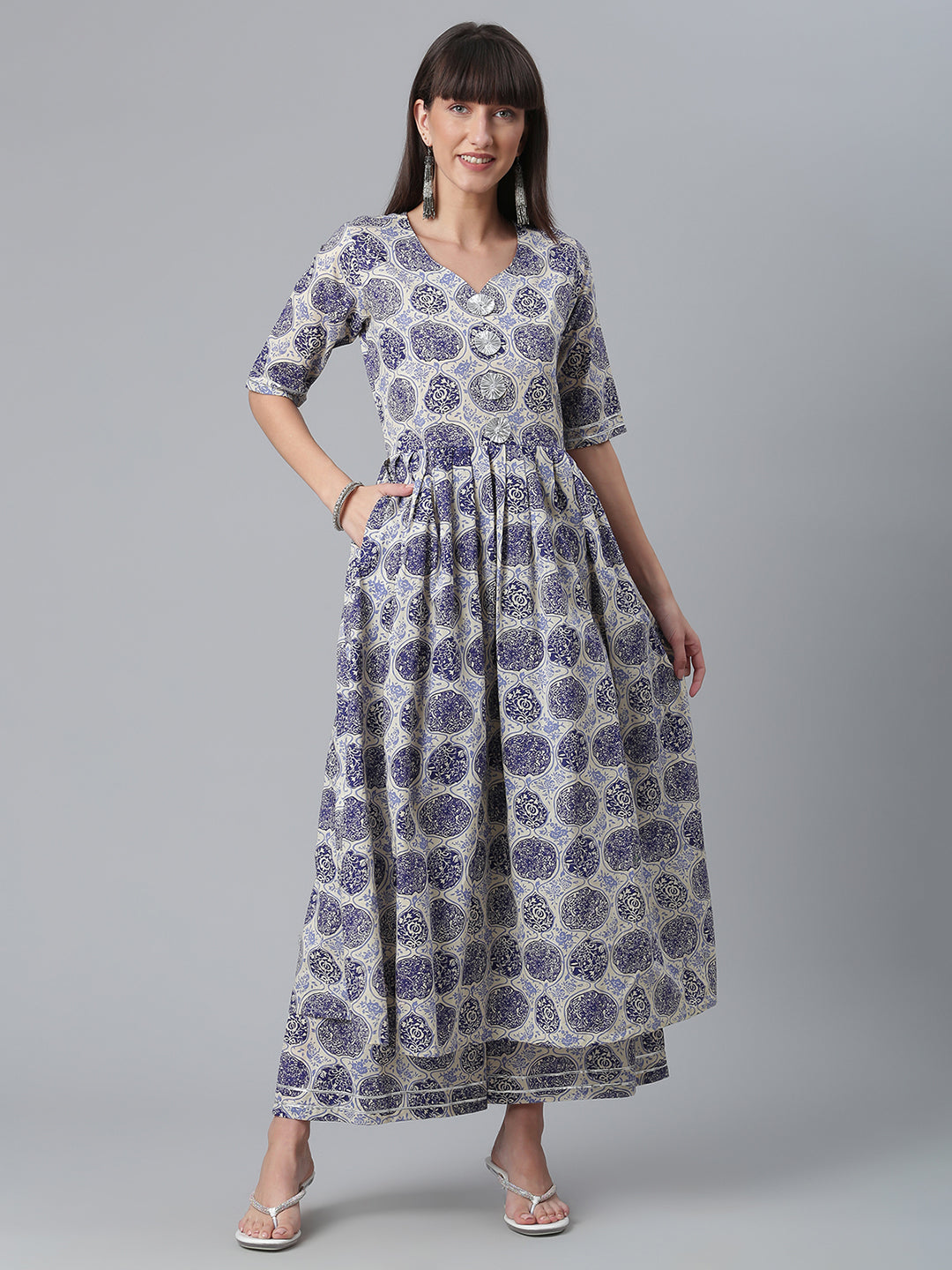 Women's Navy Blue Cotton Wax Printed Kurta With Palazzo - Ahalyaa