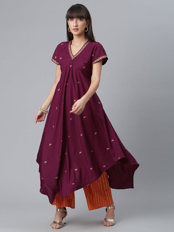 Women's Crepe Wine Kurta With Palazzo  - Ahalyaa