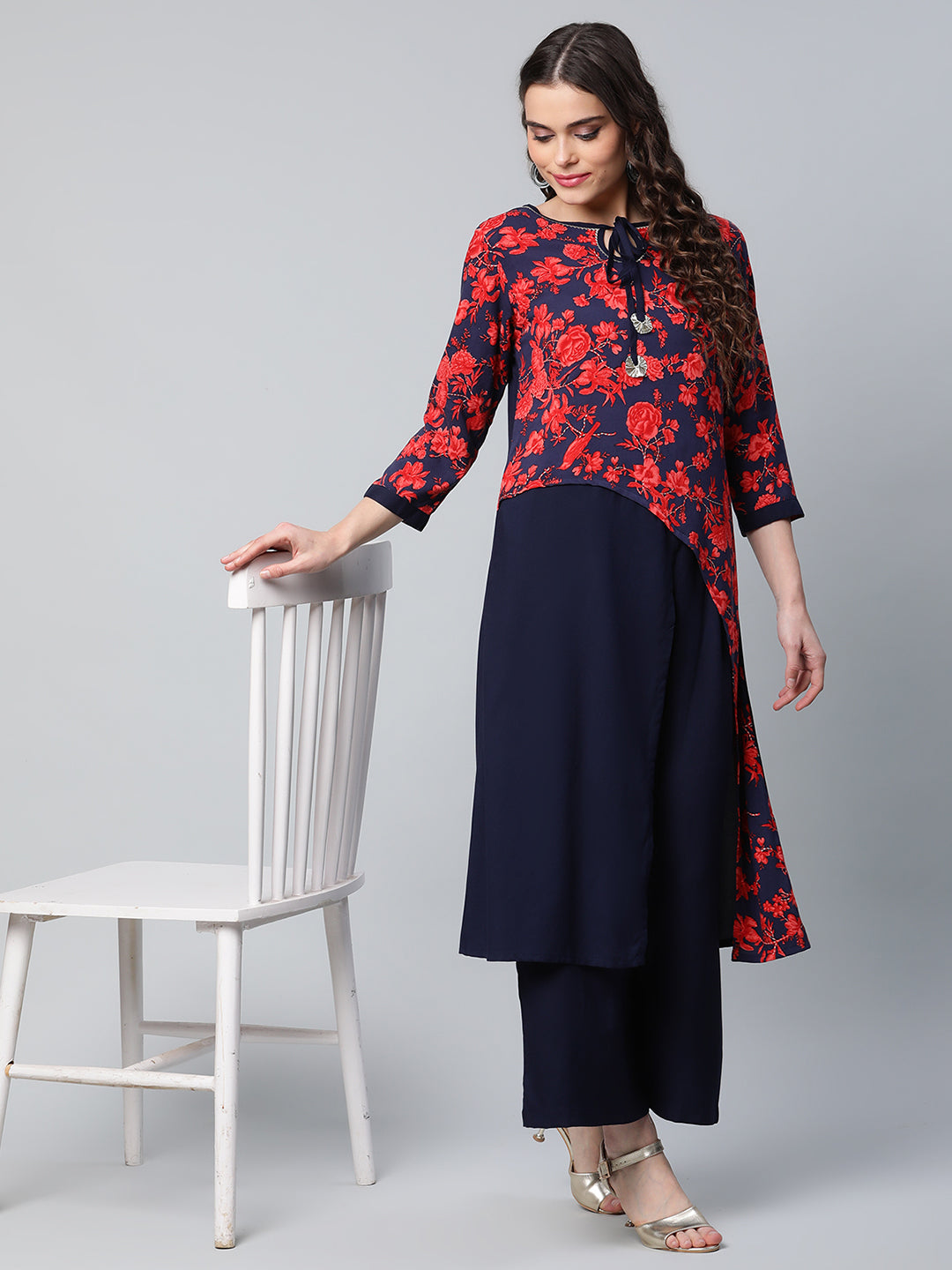 Women's Navy Blue Rayon Wax Printed Kurta Palazzo Set - Ahalyaa