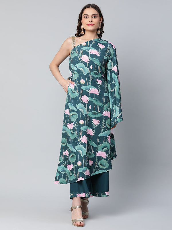 Women's Green Crepe Floral Printed Kurta With Palazzo Set - Ahalyaa