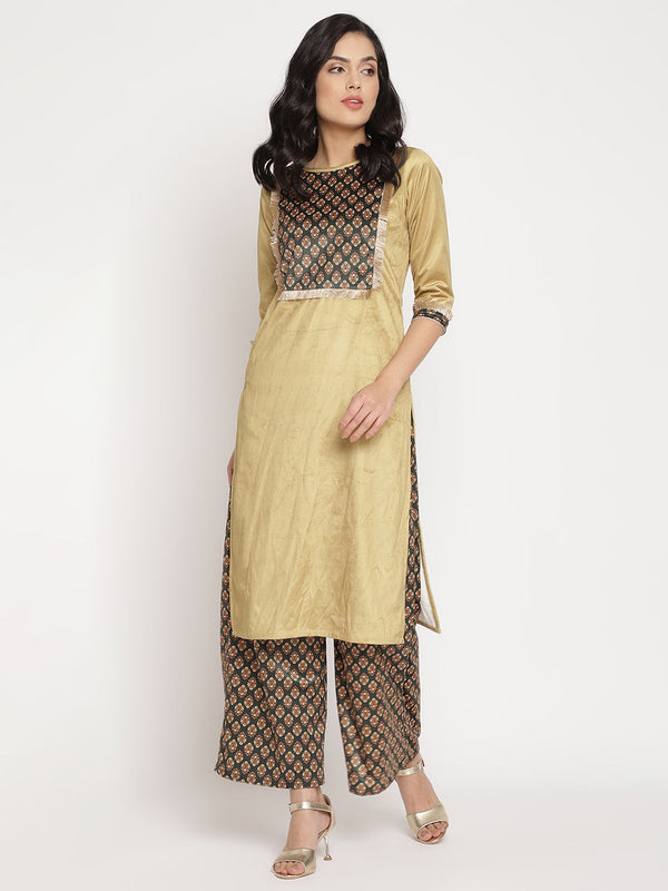 Women's Mustard Color Digital Print Velvet Kurta With Palazzo- Ahalyaa