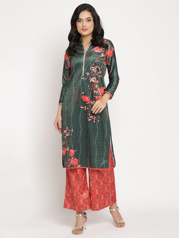 Women's Dark Green Color Digital Print Velvet Kurta With Palazzo- Ahalyaa