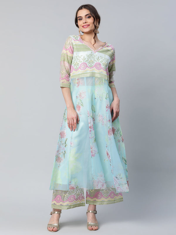 Women's Sea Green Organza Romantic Florals Kurta Palazzo Set - Ahalyaa