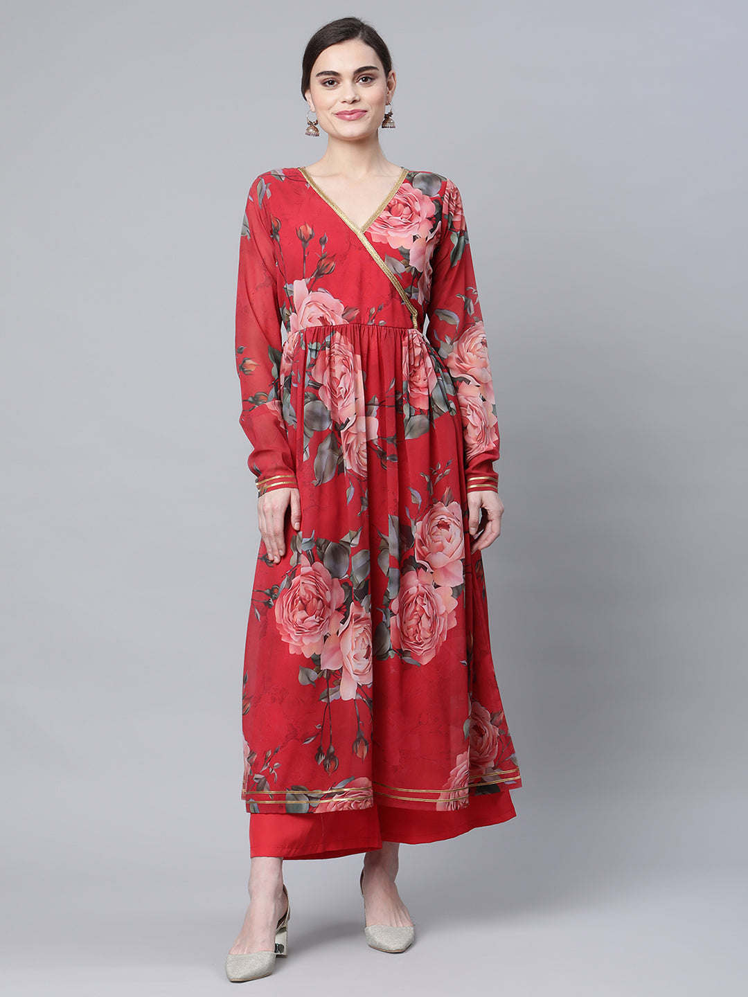 Women's Red Printed Kurta Palazzo Set By Ahalyaa (2Pcs Set)