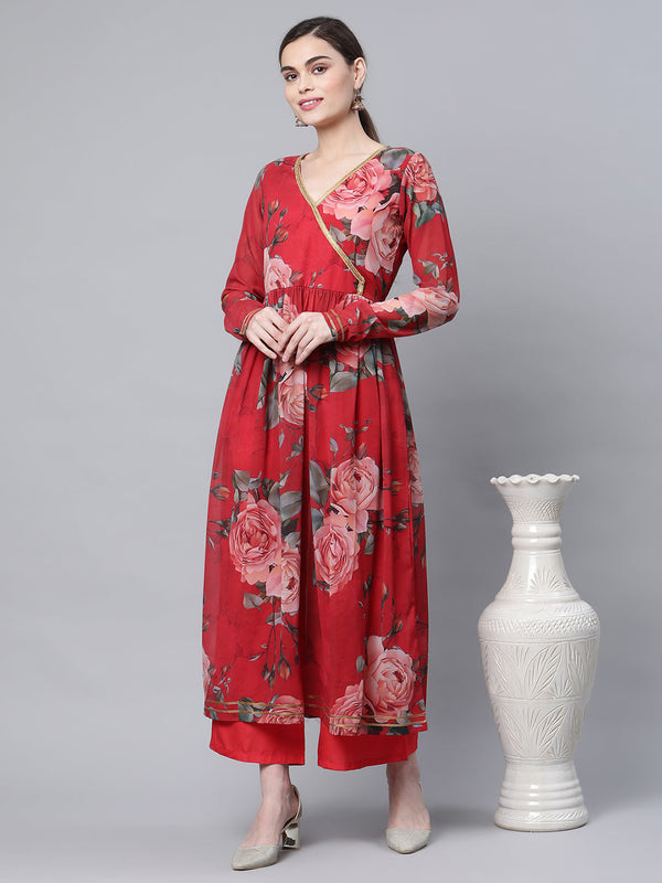 Women's Red Printed Kurta Palazzo Set By Ahalyaa (2Pcs Set)