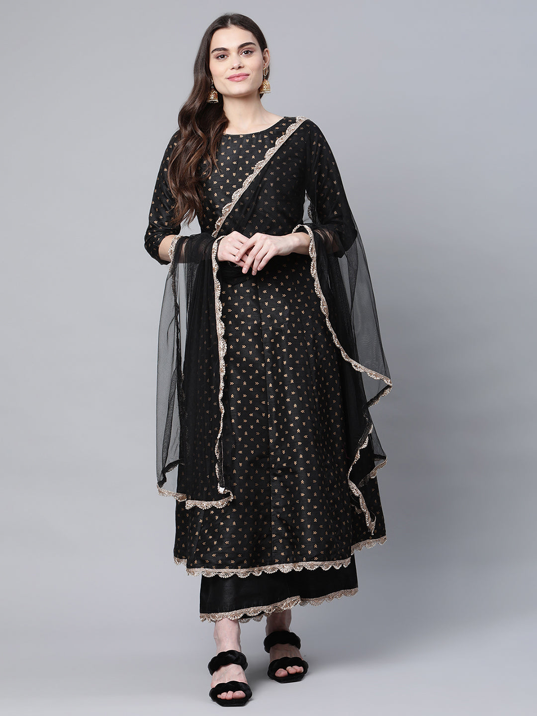 Women's Black Anarkali Kurta With Palazzo & Dupatta By Ahalyaa (3Pcs Set)