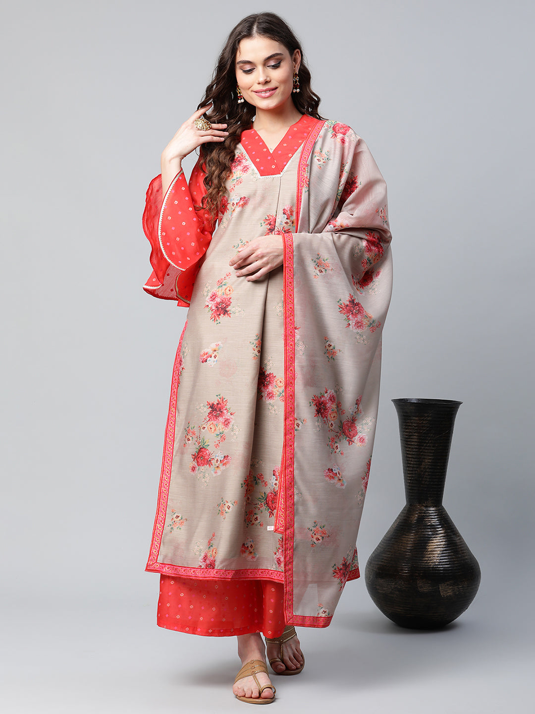 Women's Chiku Chanderi Printed Kurta Palazzo Set - Ahalyaa