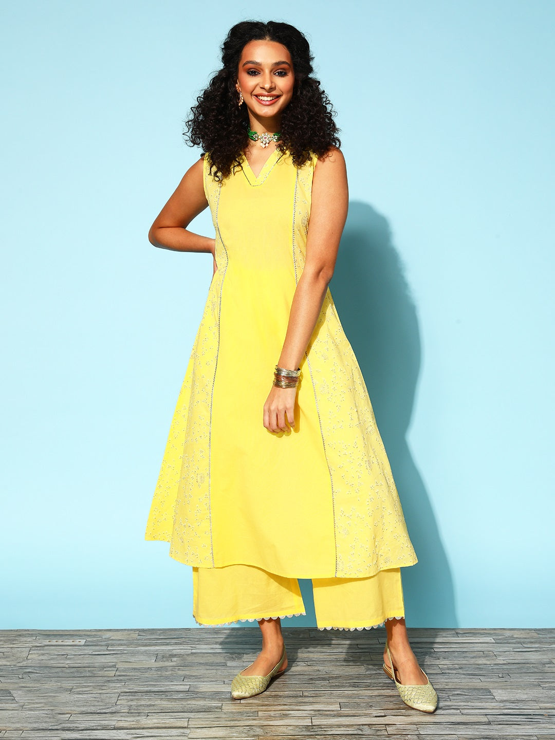 Women's Yellow Colour Cotton Printed Kurta Palazzo Set - Ahalyaa