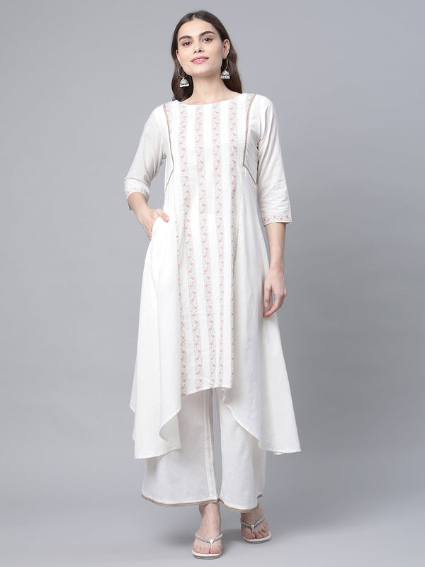 Women's Off White Cotton Printed Asymmetric Kurta Palazzo Set - Ahalyaa