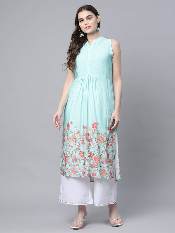 Women's Sky Blue Rayon Printed Kurta Palazzo Set - Ahalyaa