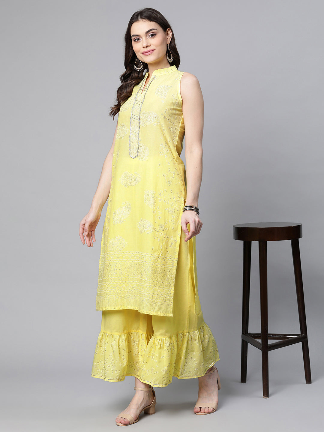 Women's Yellow Colour Pure Cotton Glitter Print Kurta Palazzo Set - Ahalyaa